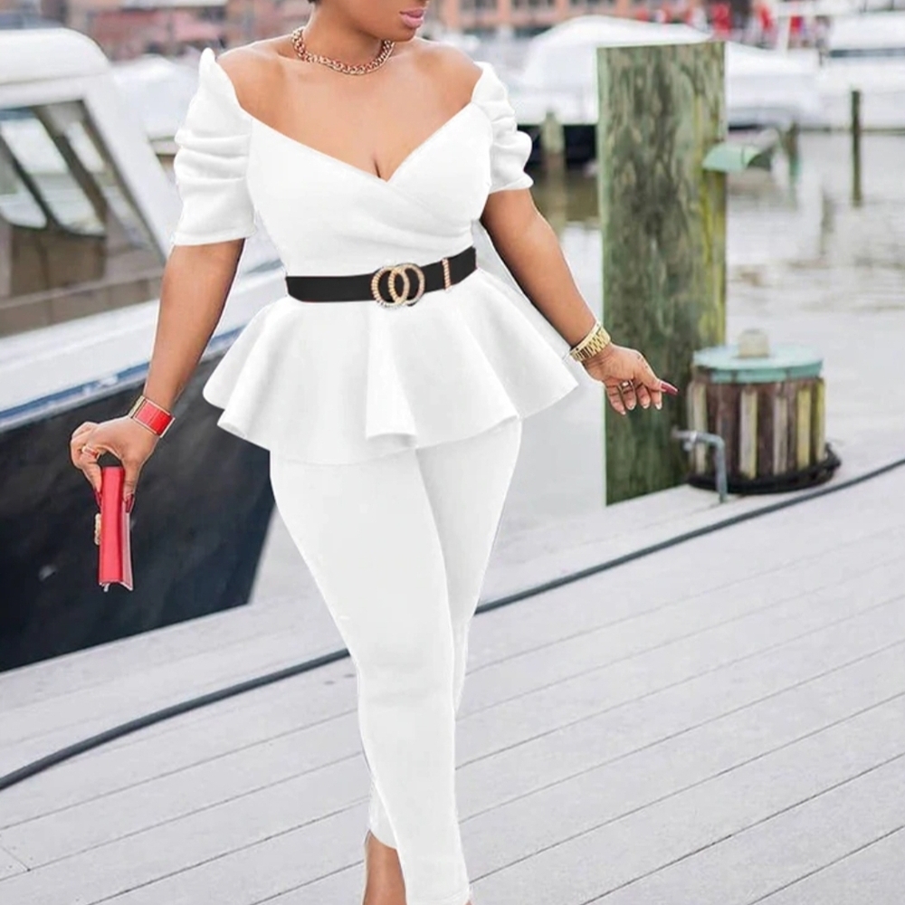 New Elegant White 2pc Peplum/leggings Set